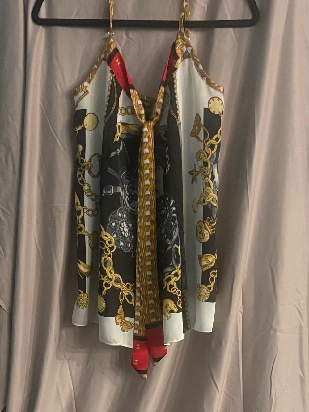 Express Black & Gold Chain-Print Satin Cami with Red Accents